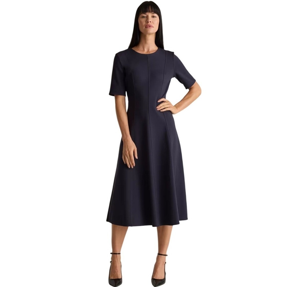 Quince Ultra-Stretch Navy Blue‎ Short Sleeve Ponte Fit and Flare Dress Sz M